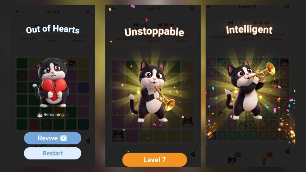 Meowdoku! uses a heart system. Wrong move loses one heart.